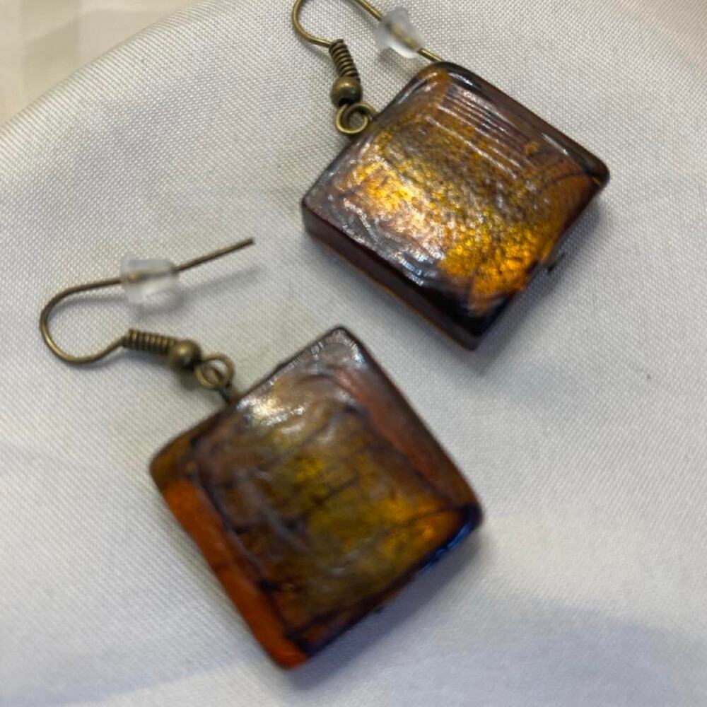 Vintage Amber Gold Fused Foil  Glass Earrings Square Dangle Antique Brass Boho